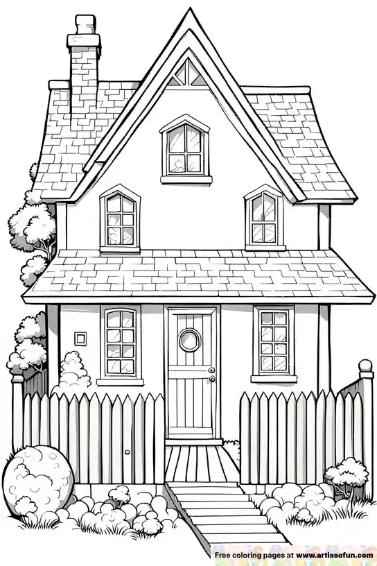 A wooden House with chimney coloring page