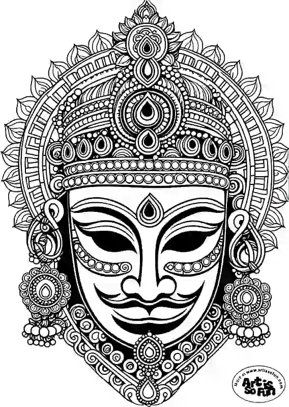A stylized illustration of kathakali Hindu mask for adult coloring page