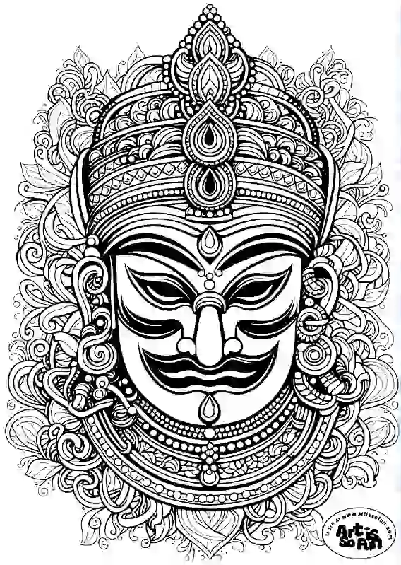 A stylized illustration of kathakali Hindu mask for adult coloring page