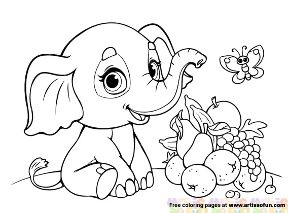 Kawaii baby elephant coloring page for kids