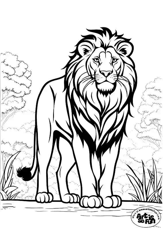 Lion in the jungle coloring pages for kids and adults