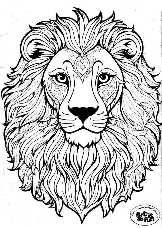 A coloring page of a Lion Headshot with intricate floral design prints