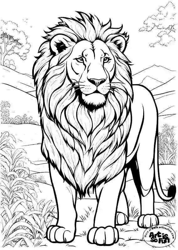 A full body of a lion in the Jungle coloring page for kids and adults