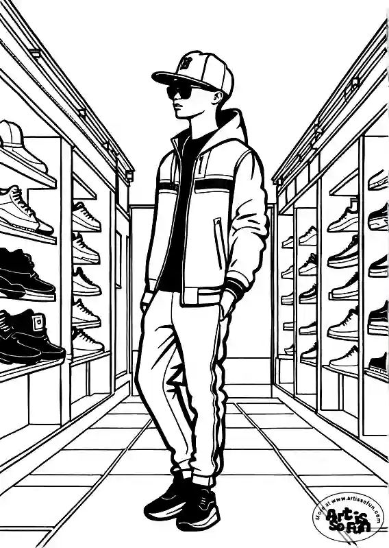 A coloring page of a male model posing in a streetwear style