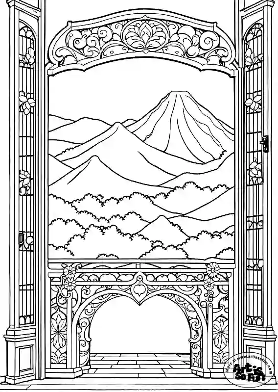 Balcony views of hills and vegetation coloring page