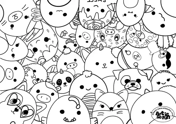 Coloring page of a Multitude of cute Squishmallows for coloring activitiy