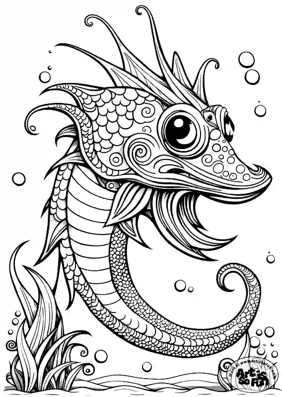 A coloring page of an odd fish with different intricate lines styles on its body