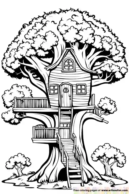 A Old oak tree house coloring page