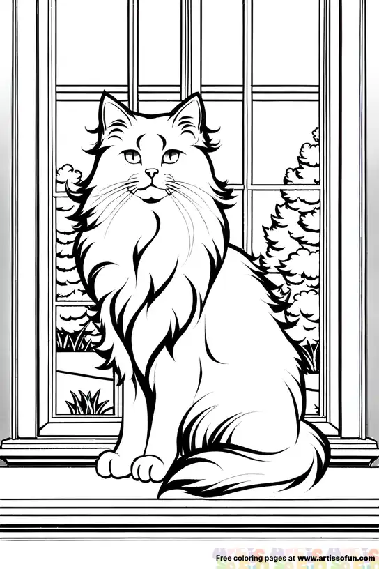 Coloring page of a Maine coon cat sitting by the window