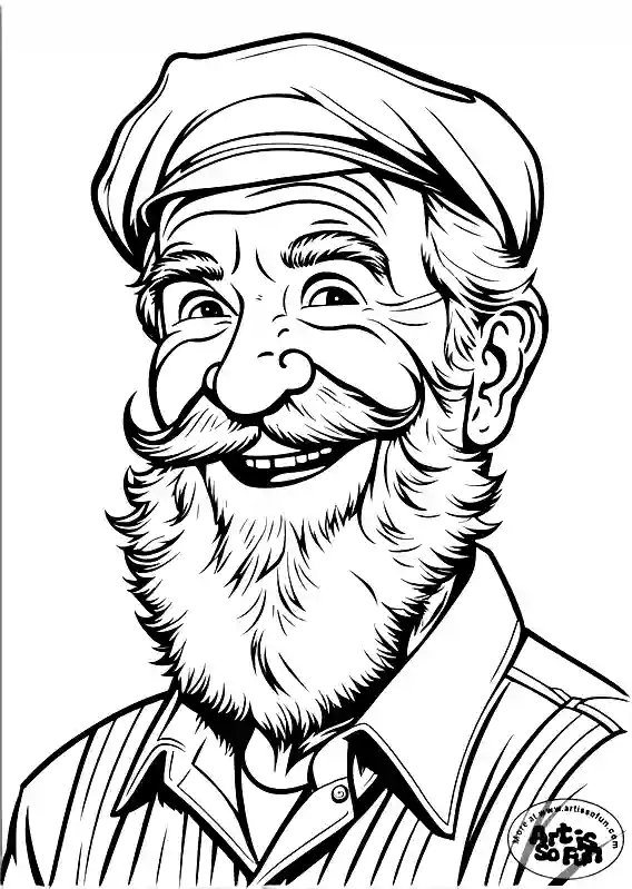 A coloring page of a smiling grandpa with a newsboy cap on
