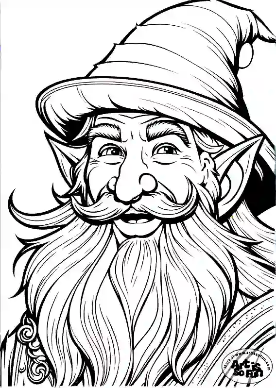 A coloring page of a happy wizard. with a witch's hat on