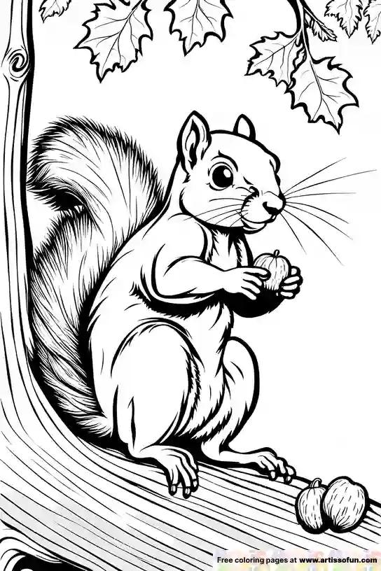 A coloring page of squirrel fondling a nut on an oak tree