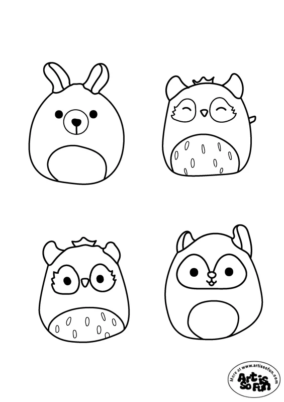 A coloring page of a group of 4 cute Squishmallows for coloring activities