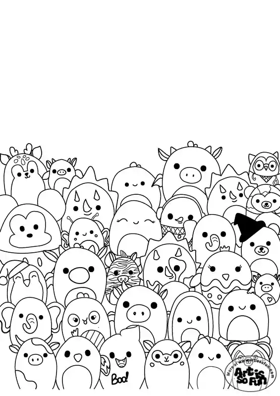 Coloring page of a group of Squishmallows posing for a photo, suitable for coloring activities
