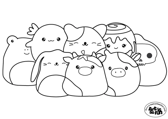 A coloring page of 8 cute and adorable squishmallows posing for a photo