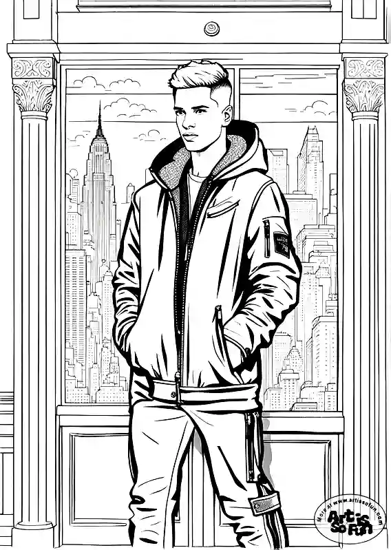 A coloring page of a male model on sunglasses posing in a streetwear style
