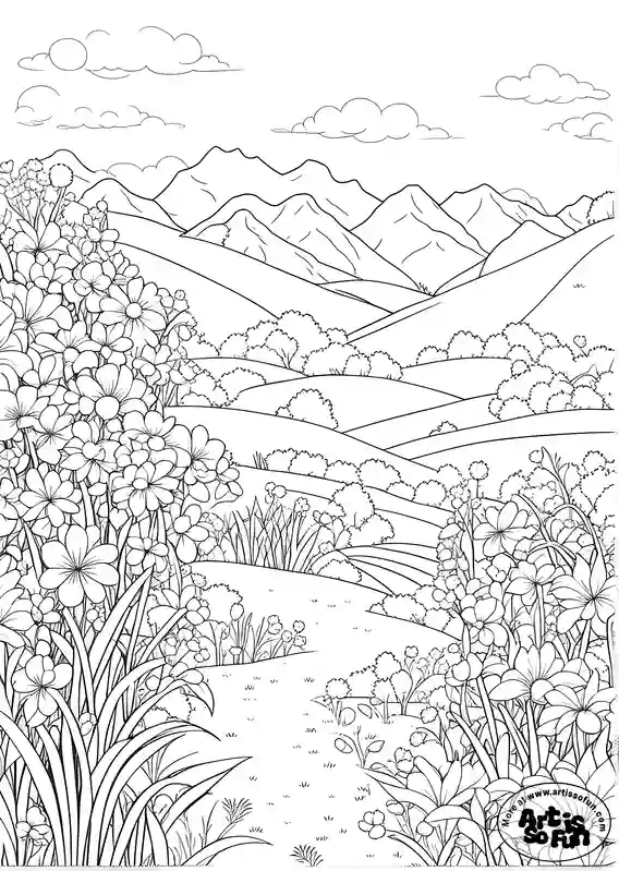Summer flower field coloring page