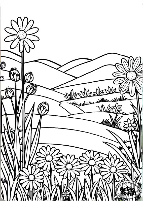 Summer flower field coloring page