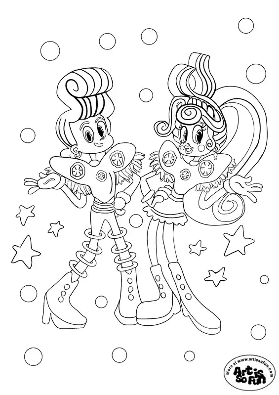 A coloring page of veneer and velvet in trolls in a fancy costumes