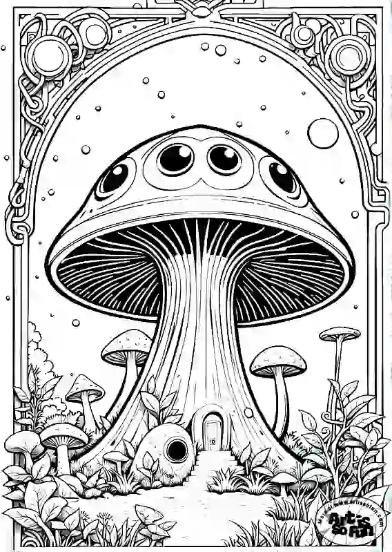 A coloring page of a whimsical giant mushroom house