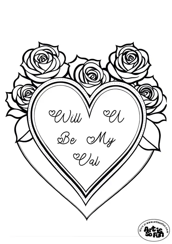 "Will you be my val" rose flower bunch for valentine coloring page