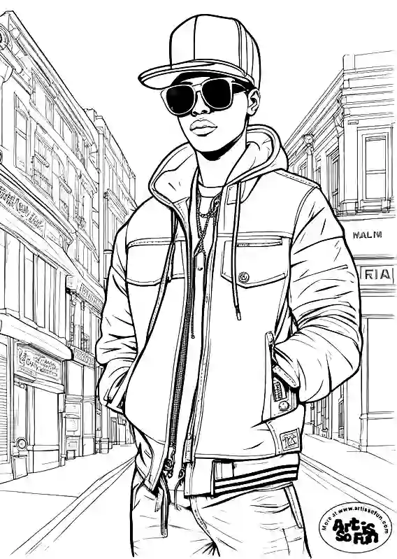 A coloring page of a male model on sunglasses posing in a streetwear style