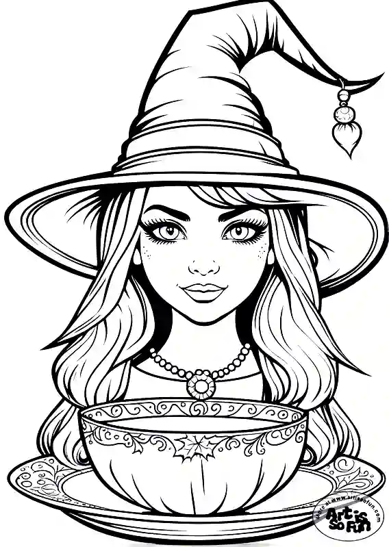 A coloring page of a young witch with a scrying bowl